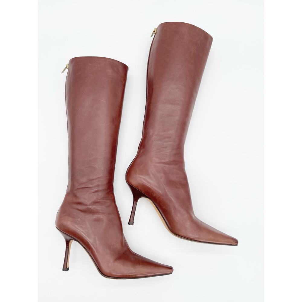 Jimmy Choo Vintage Y2K Mahogany Peony Square Toe Leather Knee High Boots IT 38 - Picture 3 of 14